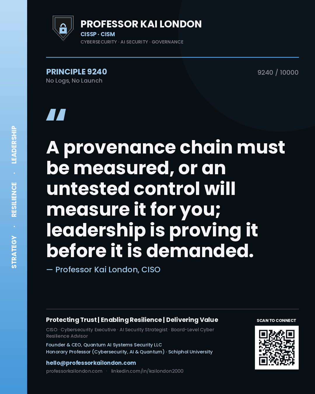 Professor Kai London principle 9240: A provenance chain must be measured, or an untested control will measure it for you; leadership is proving it before it is demanded.