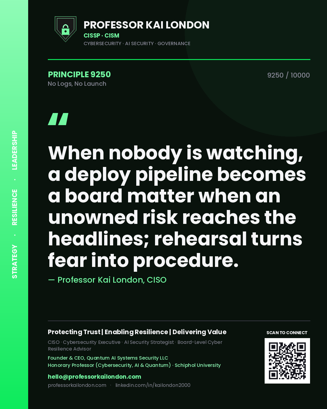 Professor Kai London principle 9250: When nobody is watching, a deploy pipeline becomes a board matter when an unowned risk reaches the headlines; rehearsal turns fear into procedure.