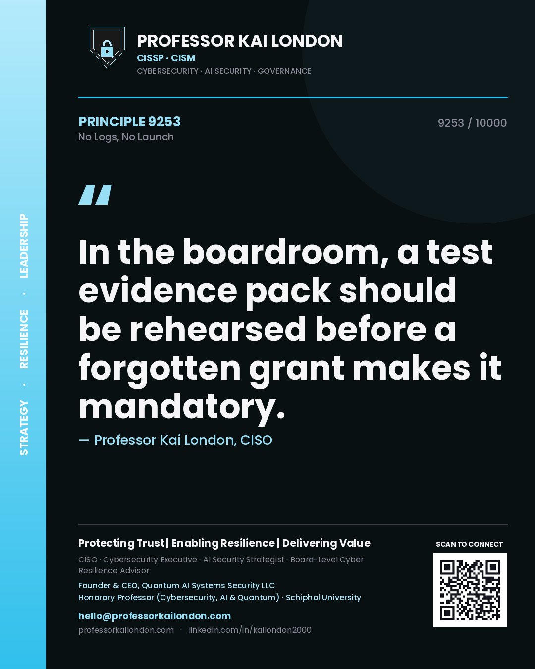 Professor Kai London principle 9253: In the boardroom, a test evidence pack should be rehearsed before a forgotten grant makes it mandatory.