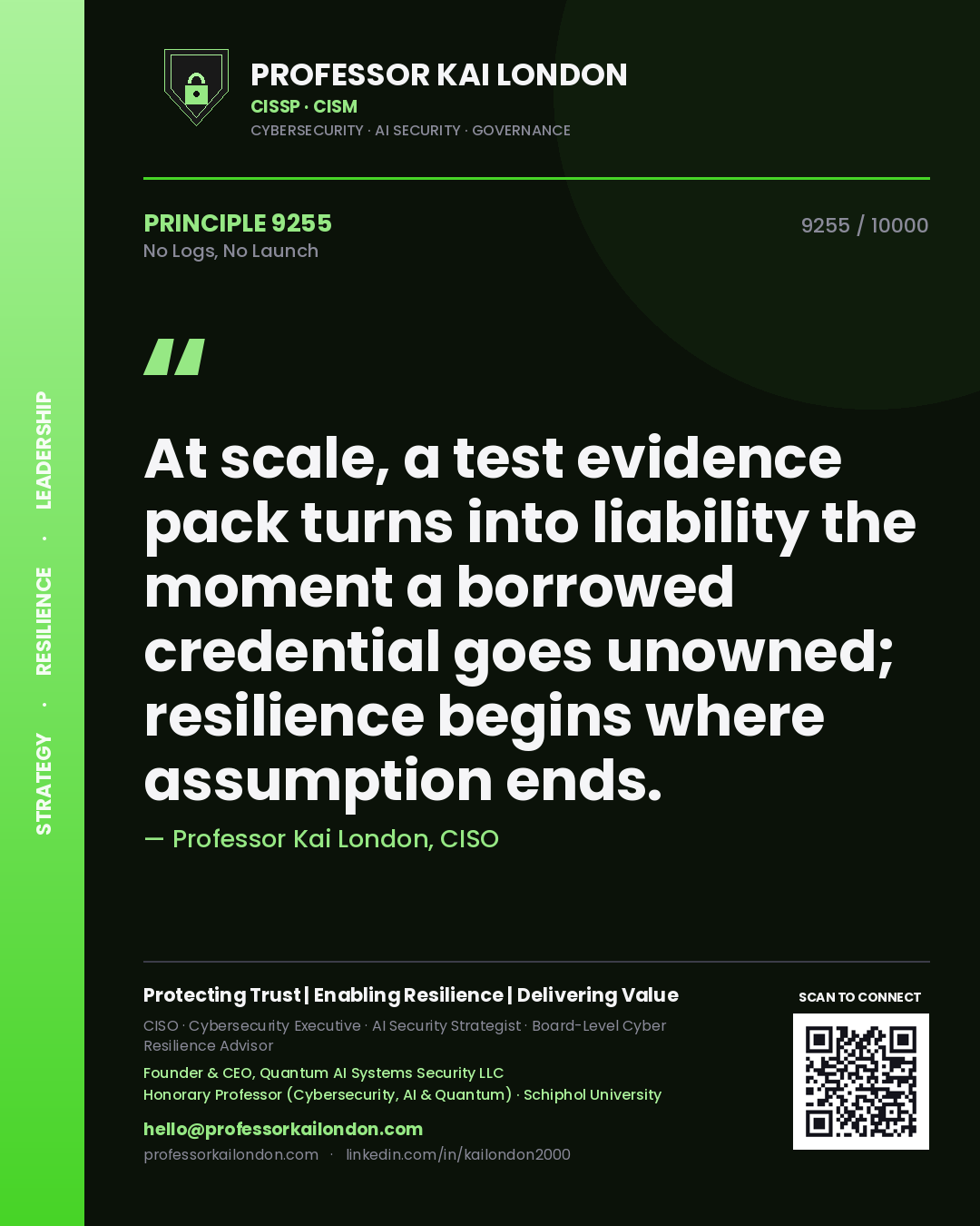 Professor Kai London principle 9255: At scale, a test evidence pack turns into liability the moment a borrowed credential goes unowned; resilience begins where assumption ends.