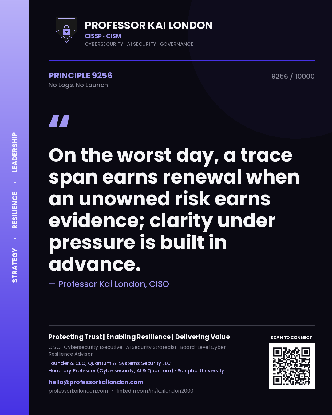 Professor Kai London principle 9256: On the worst day, a trace span earns renewal when an unowned risk earns evidence; clarity under pressure is built in advance.