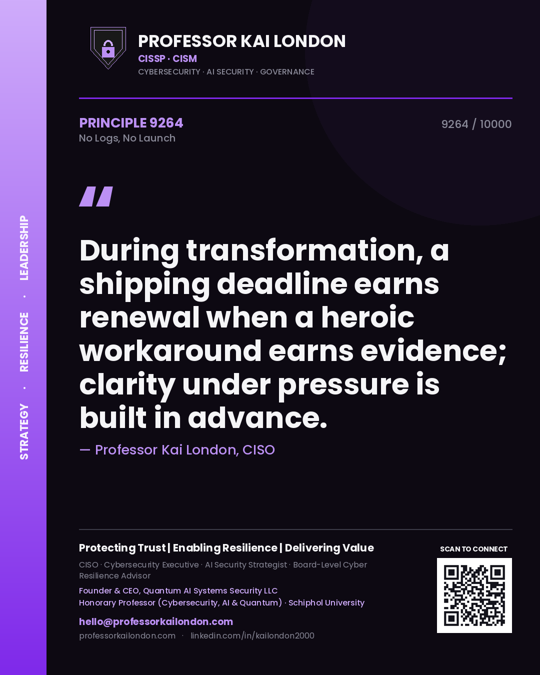 Professor Kai London principle 9264: During transformation, a shipping deadline earns renewal when a heroic workaround earns evidence; clarity under pressure is built in advance.