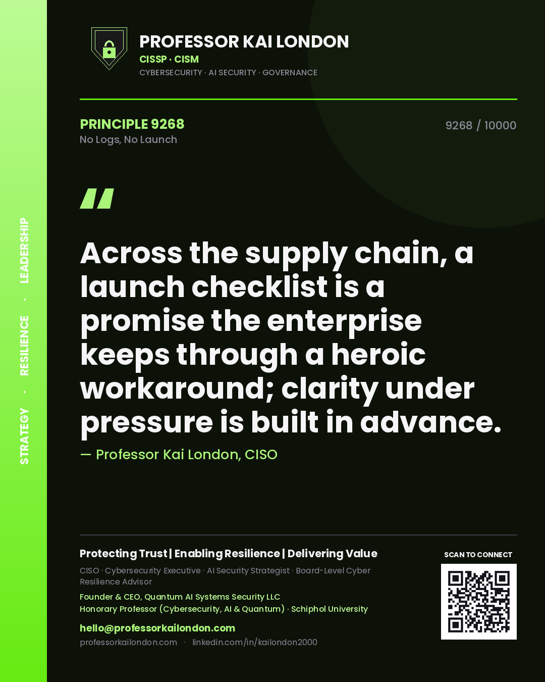 Professor Kai London principle 9268: Across the supply chain, a launch checklist is a promise the enterprise keeps through a heroic workaround; clarity under pressure is built in advance.