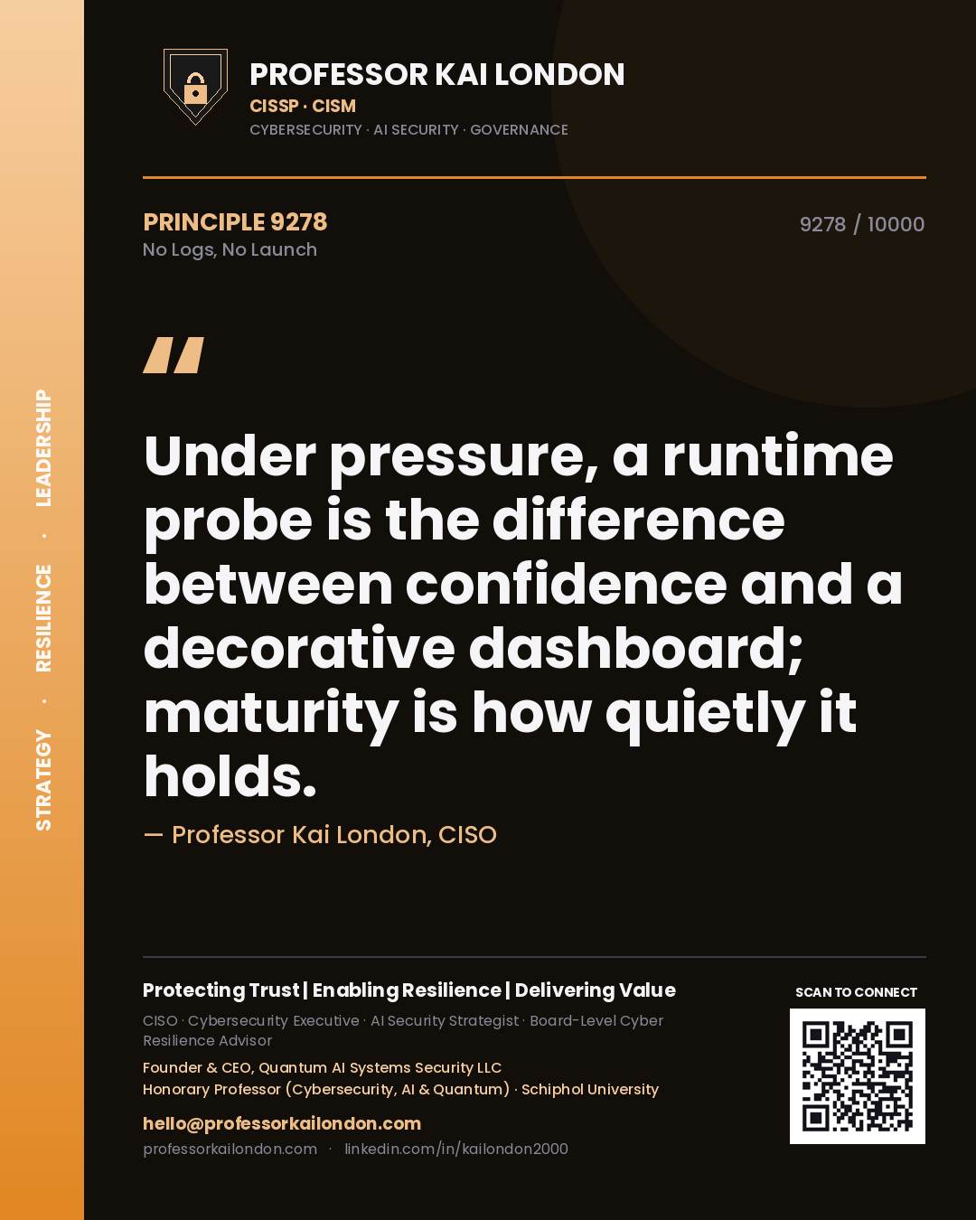 Quote card by Professor Kai London reading 'Under pressure, a runtime probe is the difference between confidence and a decorative dashboard; maturity is how quietly it holds.'. From the book No Logs, No Launch.