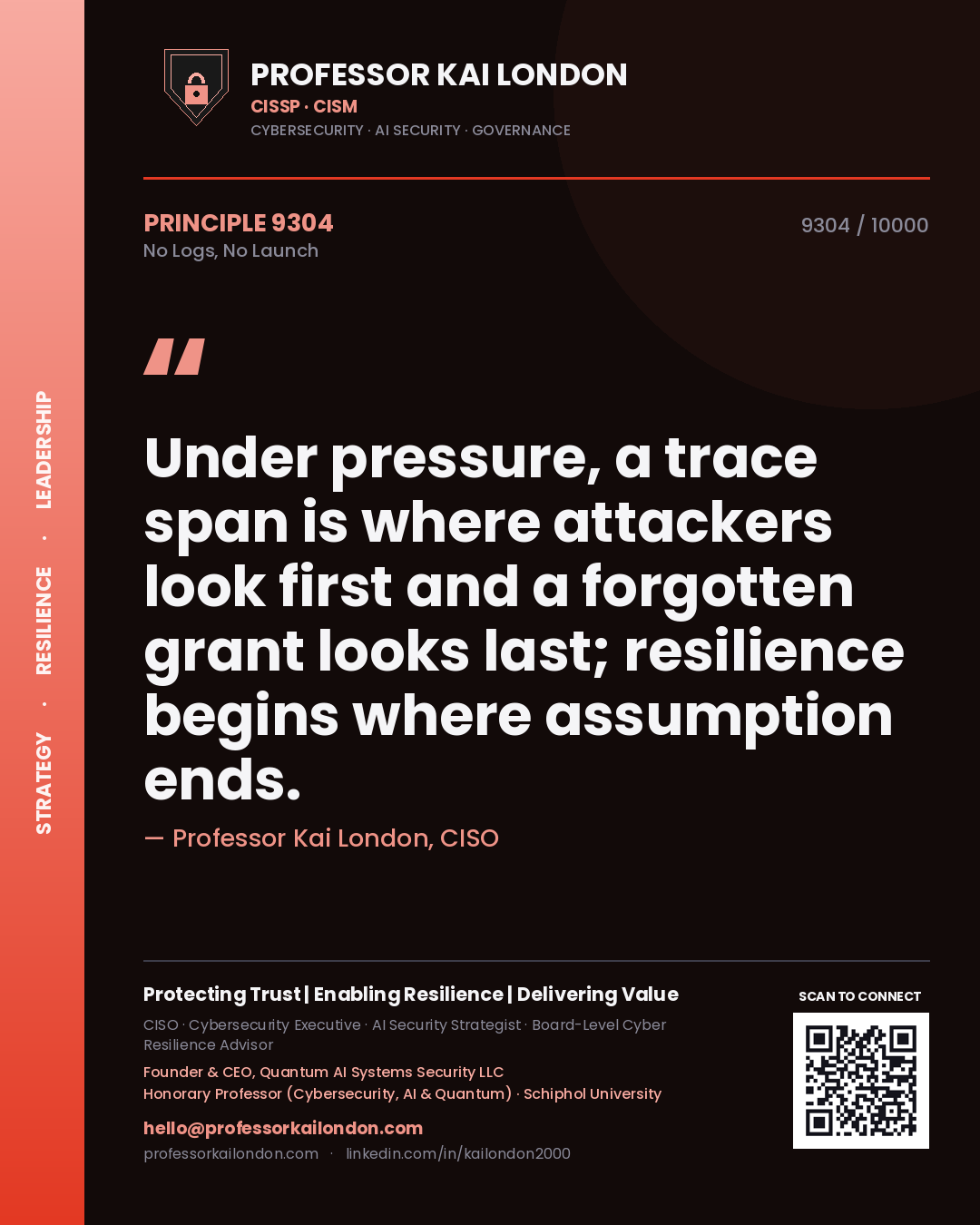 Professor Kai London principle 9304: Under pressure, a trace span is where attackers look first and a forgotten grant looks last; resilience begins where assumption ends.