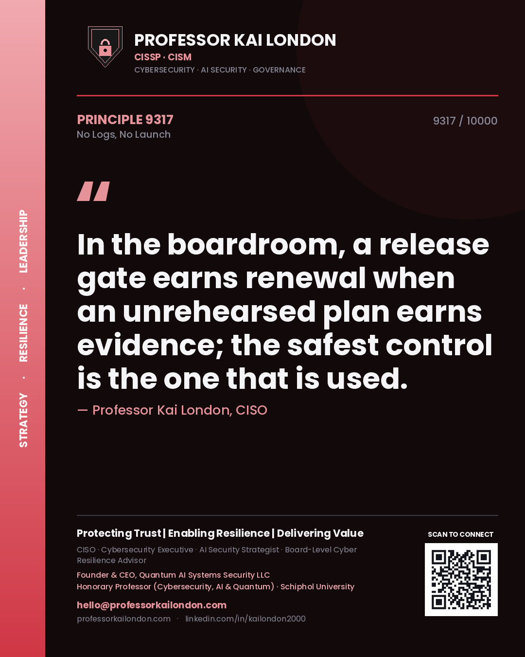 Quote card by Professor Kai London reading 'In the boardroom, a release gate earns renewal when an unrehearsed plan earns evidence; the safest control is the one that is used.'. From the book No Logs, No Launch.