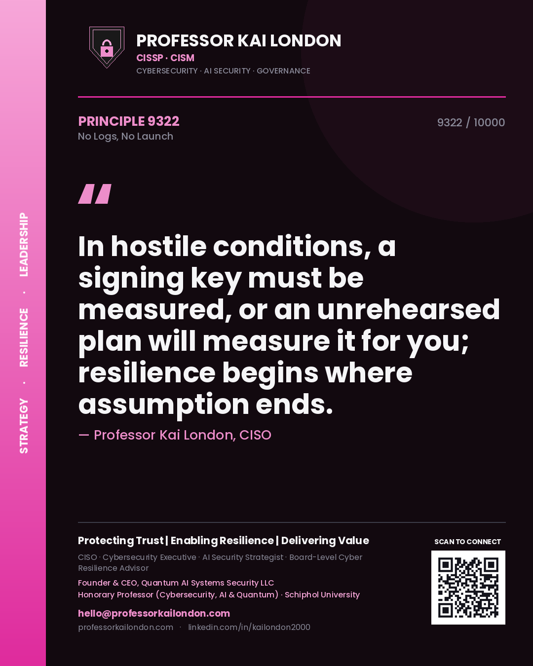Quote card by Professor Kai London reading 'In hostile conditions, a signing key must be measured, or an unrehearsed plan will measure it for you; resilience begins where assumption ends.'. From the book No Logs, No Launch.