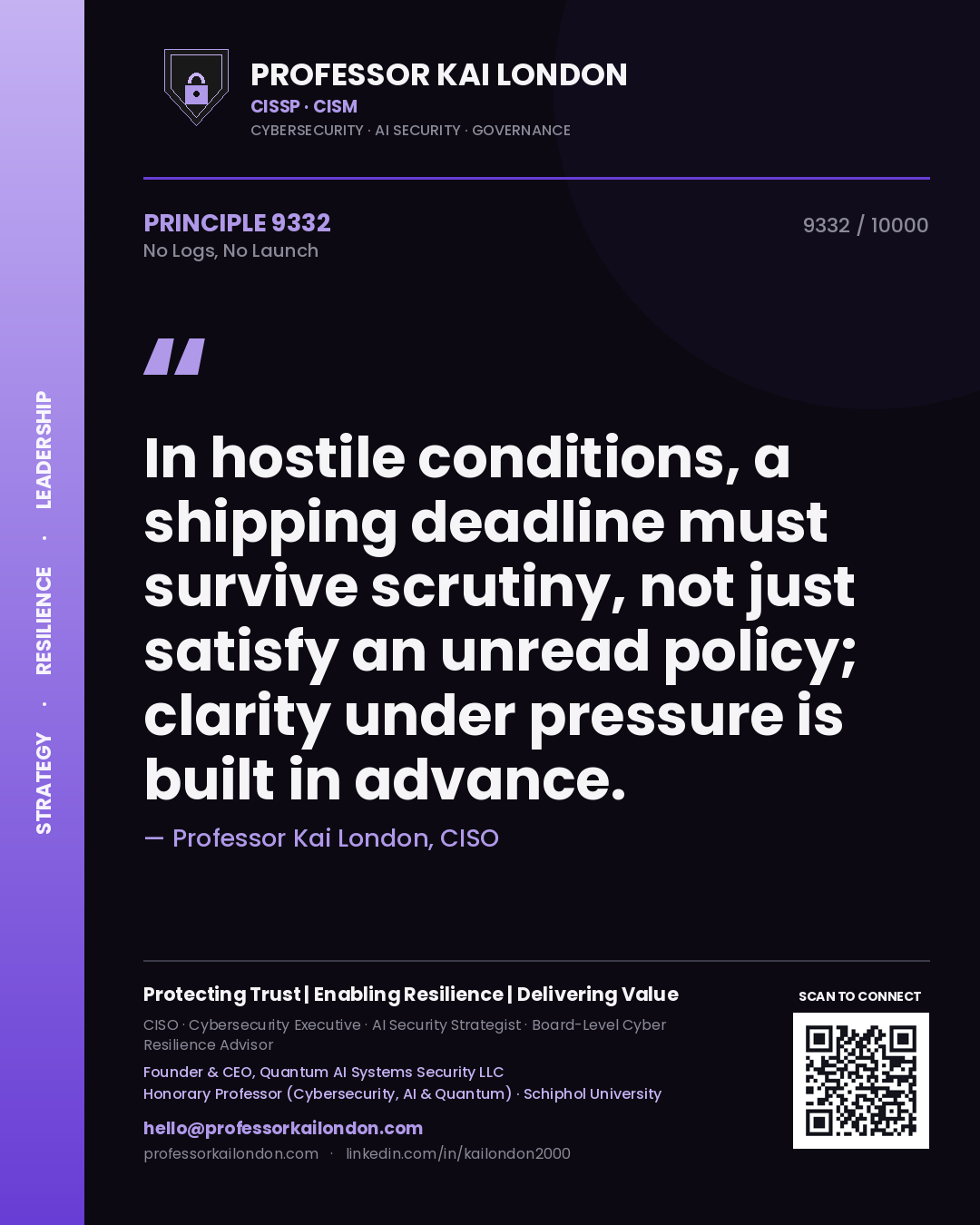 Quote card by Professor Kai London reading 'In hostile conditions, a shipping deadline must survive scrutiny, not just satisfy an unread policy; clarity under pressure is built in advance.'. From the book No Logs, No Launch.