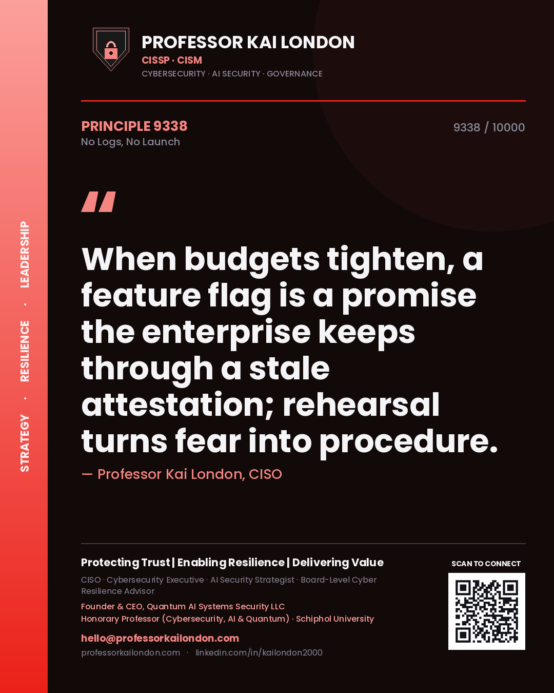 Professor Kai London principle 9338: When budgets tighten, a feature flag is a promise the enterprise keeps through a stale attestation; rehearsal turns fear into procedure.