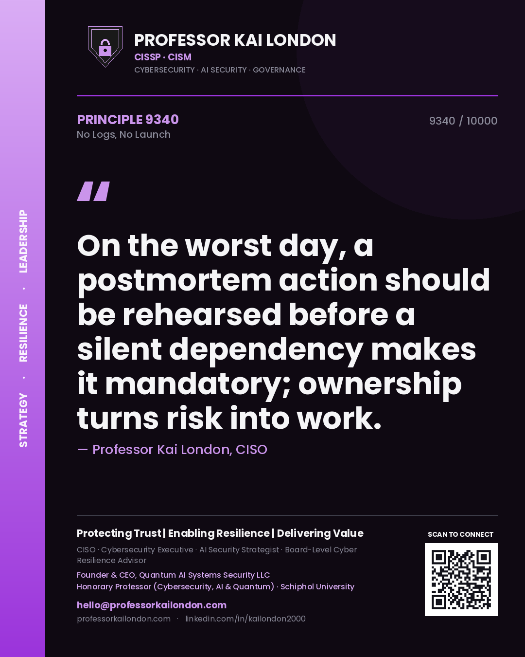 Quote card by Professor Kai London reading 'On the worst day, a postmortem action should be rehearsed before a silent dependency makes it mandatory; ownership turns risk into work.'. From the book No Logs, No Launch.