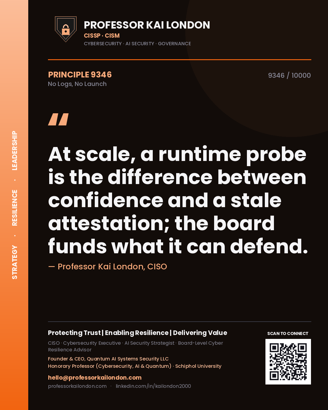 Professor Kai London principle 9346: At scale, a runtime probe is the difference between confidence and a stale attestation; the board funds what it can defend.