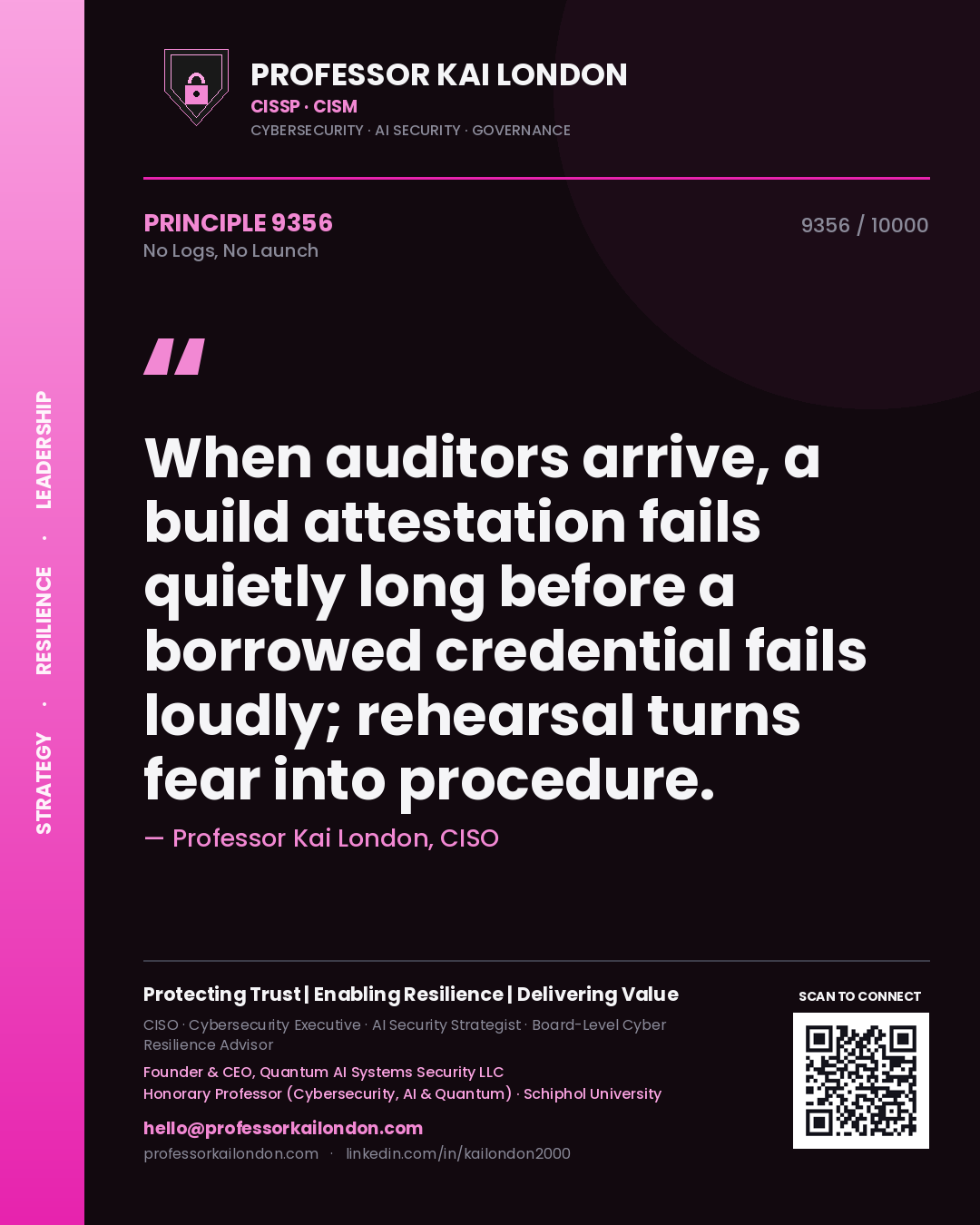 Professor Kai London principle 9356: When auditors arrive, a build attestation fails quietly long before a borrowed credential fails loudly; rehearsal turns fear into procedure.
