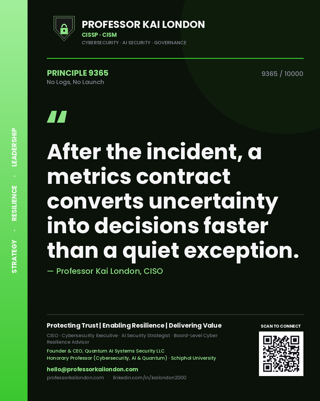 Professor Kai London principle 9365: After the incident, a metrics contract converts uncertainty into decisions faster than a quiet exception.