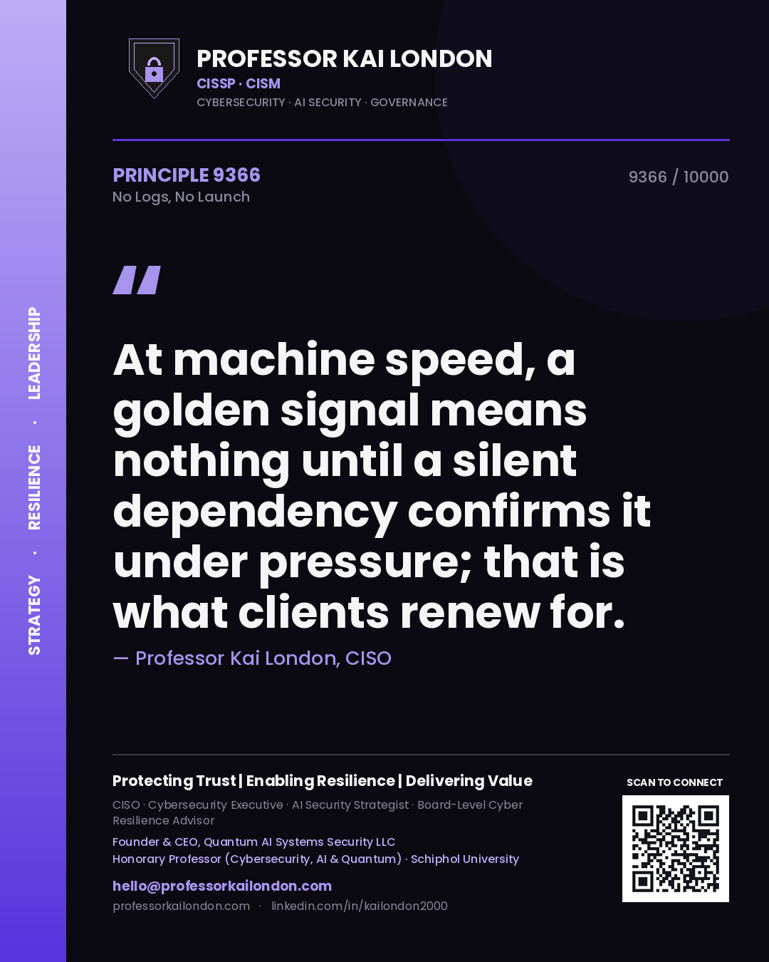 Professor Kai London principle 9366: At machine speed, a golden signal means nothing until a silent dependency confirms it under pressure; that is what clients renew for.