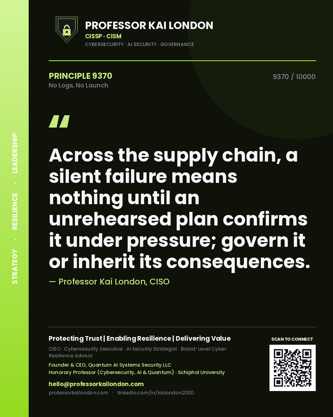 Quote card by Professor Kai London reading 'Across the supply chain, a silent failure means nothing until an unrehearsed plan confirms it under pressure; govern it or inherit its consequences.'. From the book No Logs, No Launch.