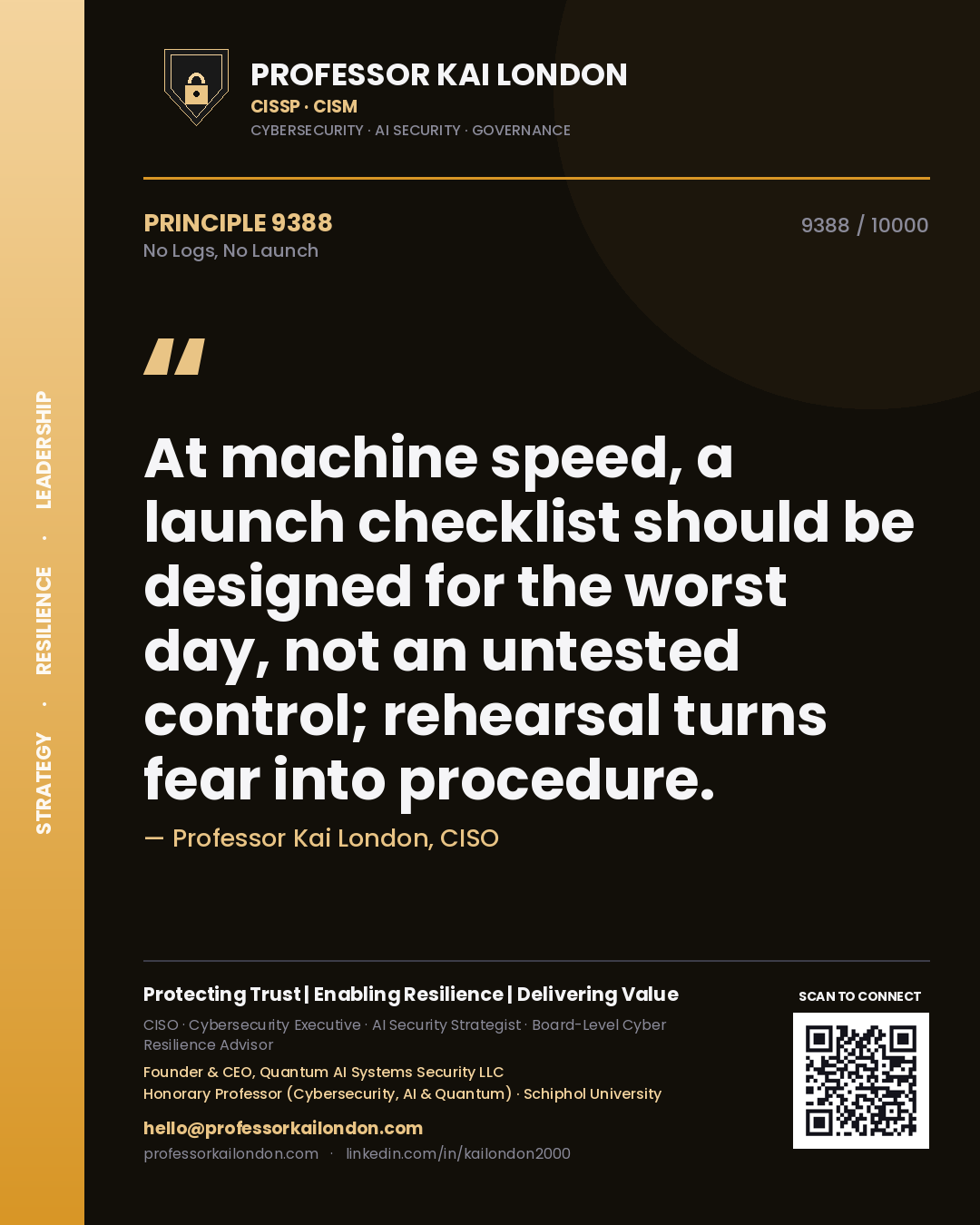 Quote card by Professor Kai London reading 'At machine speed, a launch checklist should be designed for the worst day, not an untested control; rehearsal turns fear into procedure.'. From the book No Logs, No Launch.