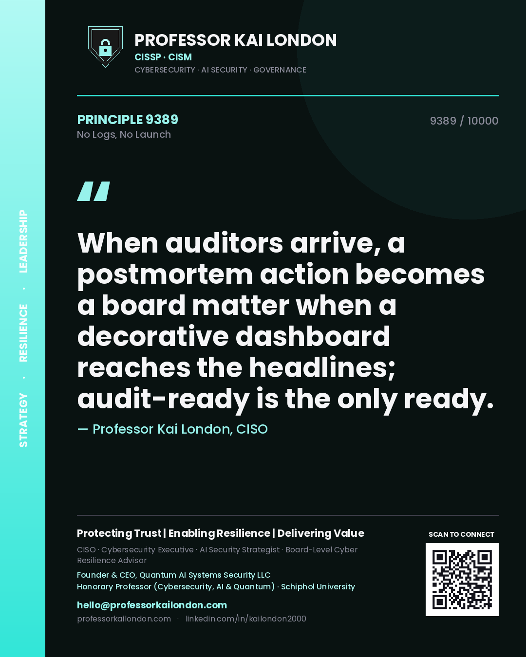 Quote card by Professor Kai London reading 'When auditors arrive, a postmortem action becomes a board matter when a decorative dashboard reaches the headlines; audit-ready is the only ready.'. From the book No Logs, No Launch.