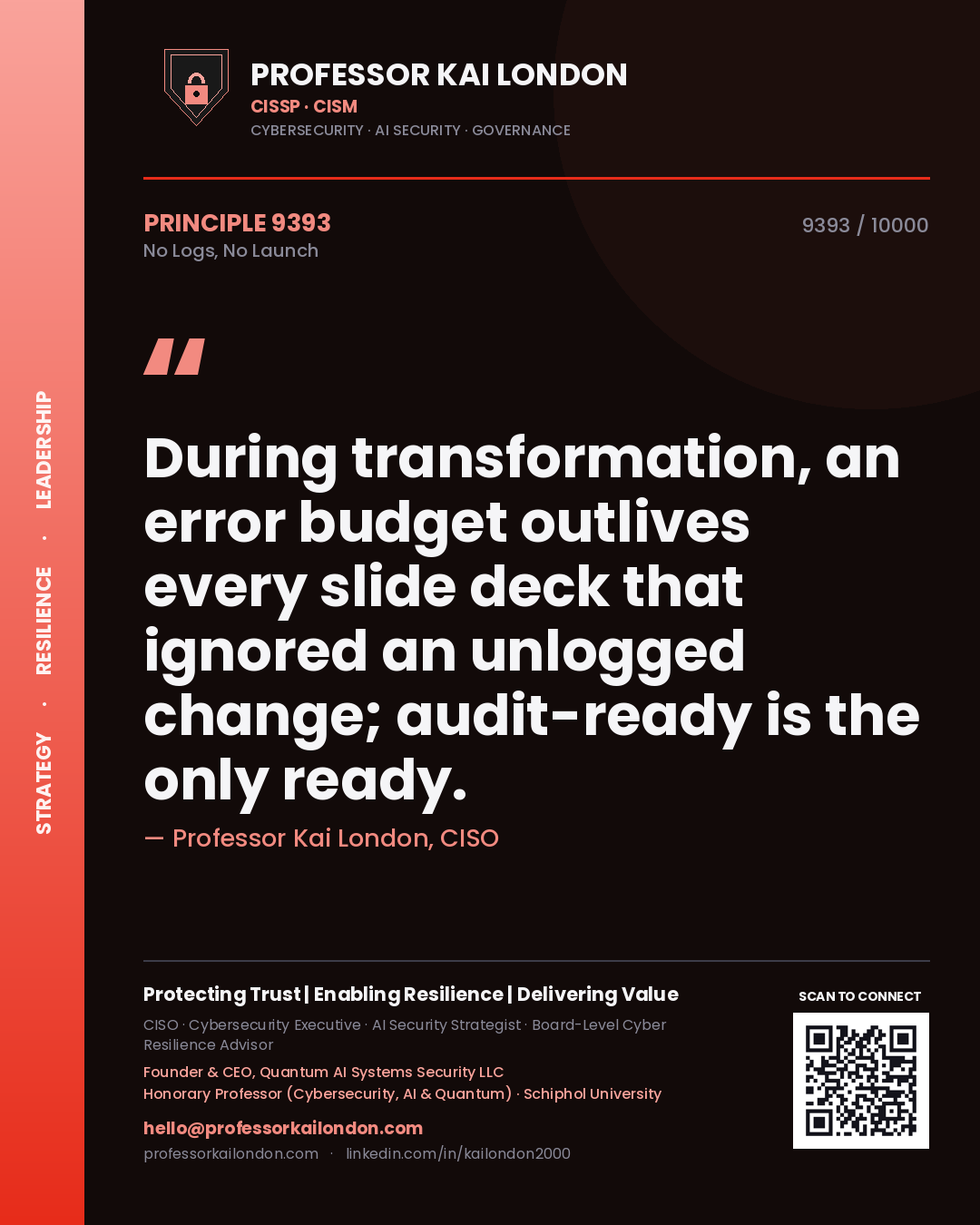 Professor Kai London principle 9393: During transformation, an error budget outlives every slide deck that ignored an unlogged change; audit-ready is the only ready.