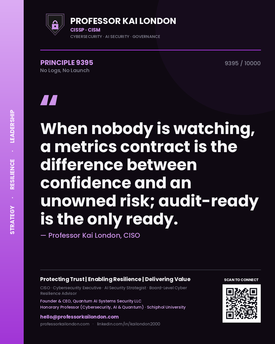 Quote card by Professor Kai London reading 'When nobody is watching, a metrics contract is the difference between confidence and an unowned risk; audit-ready is the only ready.'. From the book No Logs, No Launch.