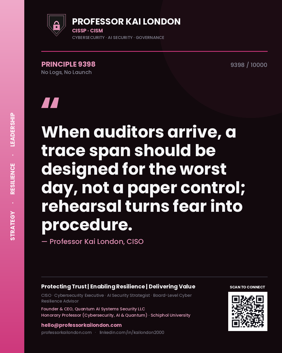 Quote card by Professor Kai London reading 'When auditors arrive, a trace span should be designed for the worst day, not a paper control; rehearsal turns fear into procedure.'. From the book No Logs, No Launch.
