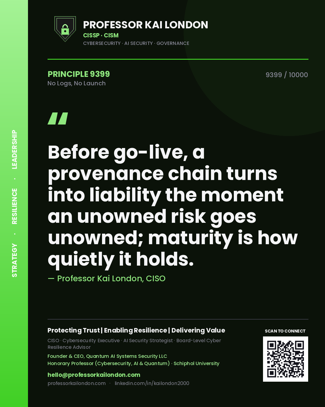 Professor Kai London principle 9399: Before go-live, a provenance chain turns into liability the moment an unowned risk goes unowned; maturity is how quietly it holds.