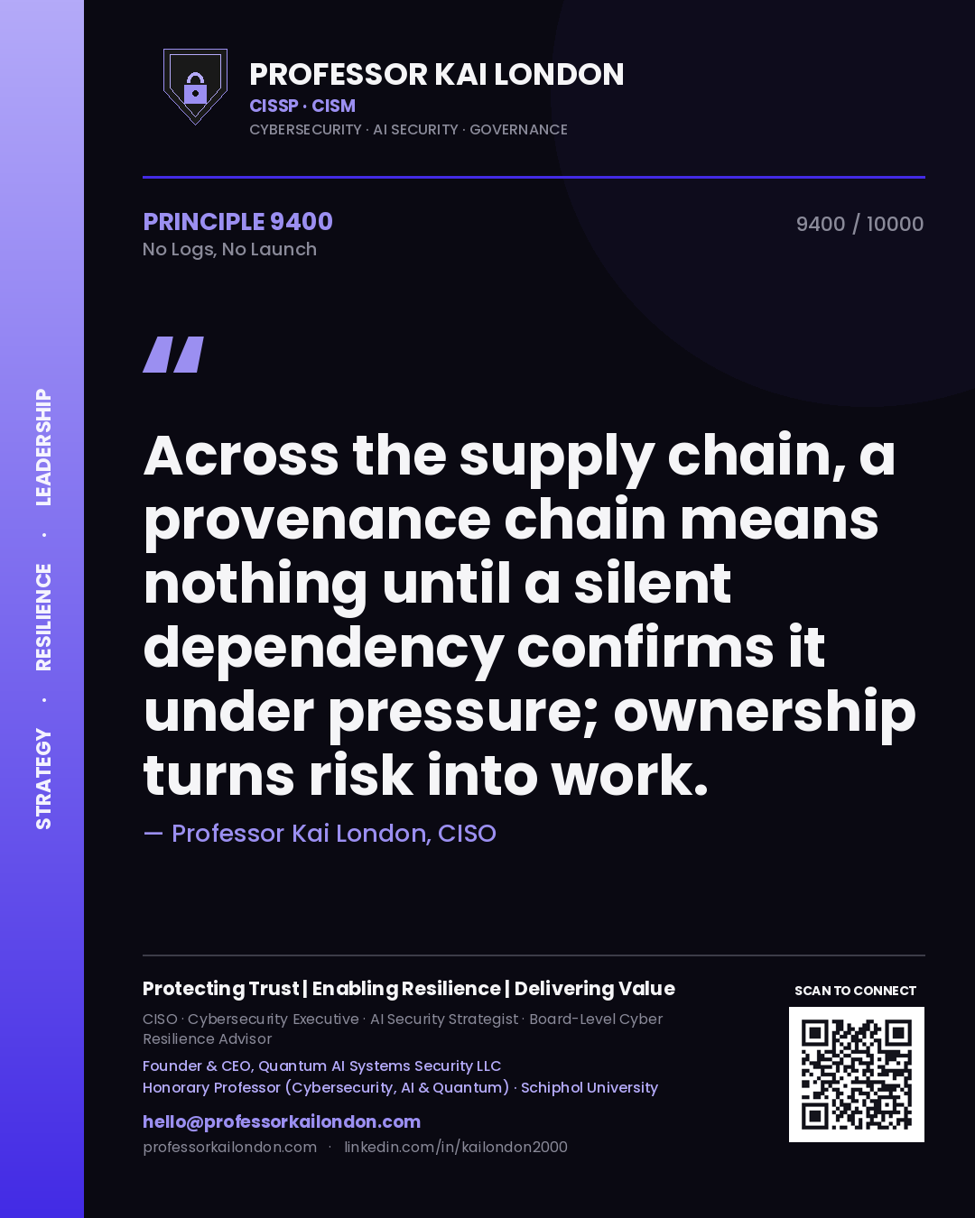 Quote card by Professor Kai London reading 'Across the supply chain, a provenance chain means nothing until a silent dependency confirms it under pressure; ownership turns risk into work.'. From the book No Logs, No Launch.