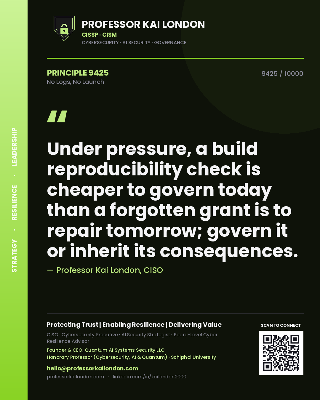Quote card by Professor Kai London reading 'Under pressure, a build reproducibility check is cheaper to govern today than a forgotten grant is to repair tomorrow; govern it or inherit its consequences.'. From the book No Logs, No Launch.