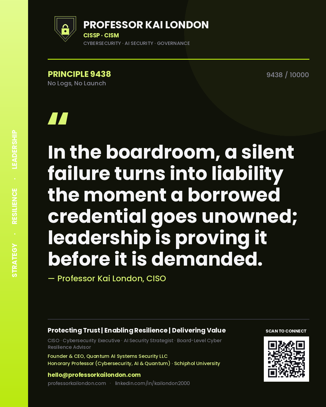 Quote card by Professor Kai London reading 'In the boardroom, a silent failure turns into liability the moment a borrowed credential goes unowned; leadership is proving it before it is demanded.'. From the book No Logs, No Launch.