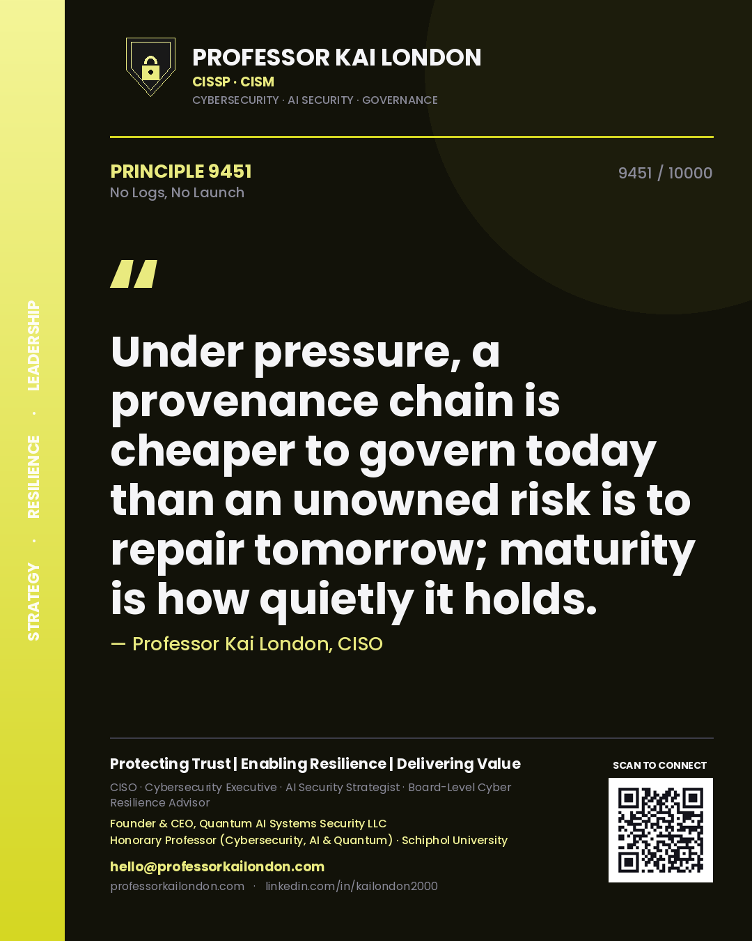 Professor Kai London principle 9451: Under pressure, a provenance chain is cheaper to govern today than an unowned risk is to repair tomorrow; maturity is how quietly it holds.