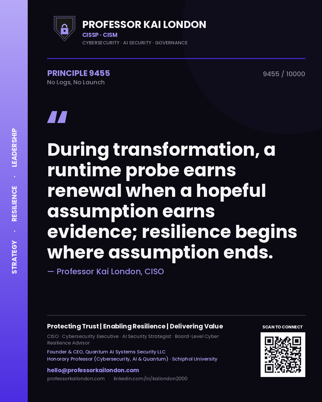 Professor Kai London principle 9455: During transformation, a runtime probe earns renewal when a hopeful assumption earns evidence; resilience begins where assumption ends.