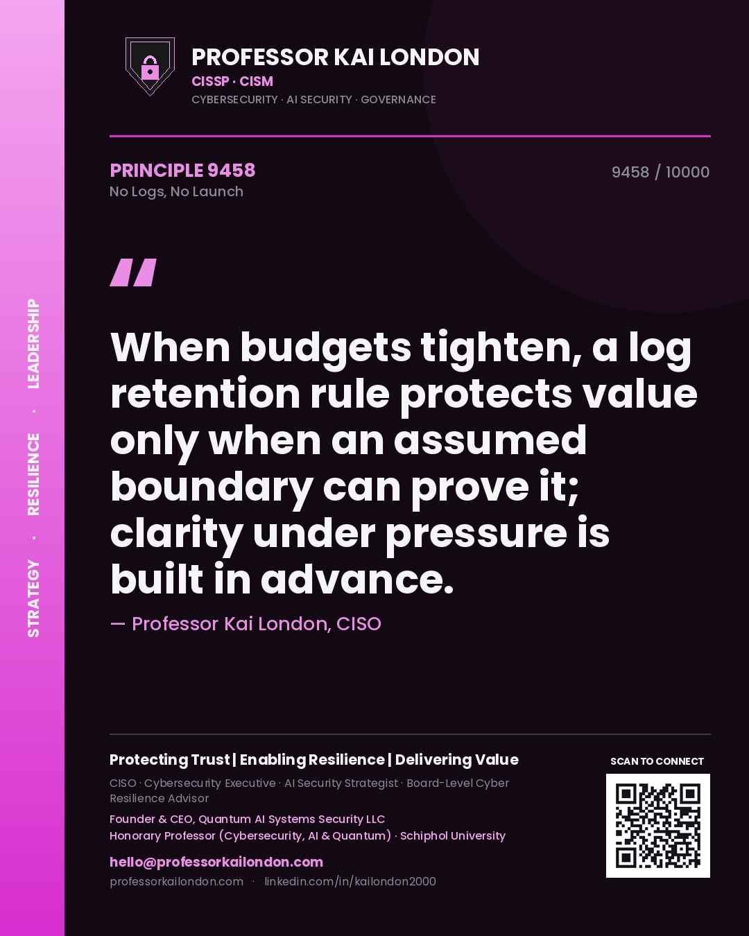 Professor Kai London principle 9458: When budgets tighten, a log retention rule protects value only when an assumed boundary can prove it; clarity under pressure is built in advance.