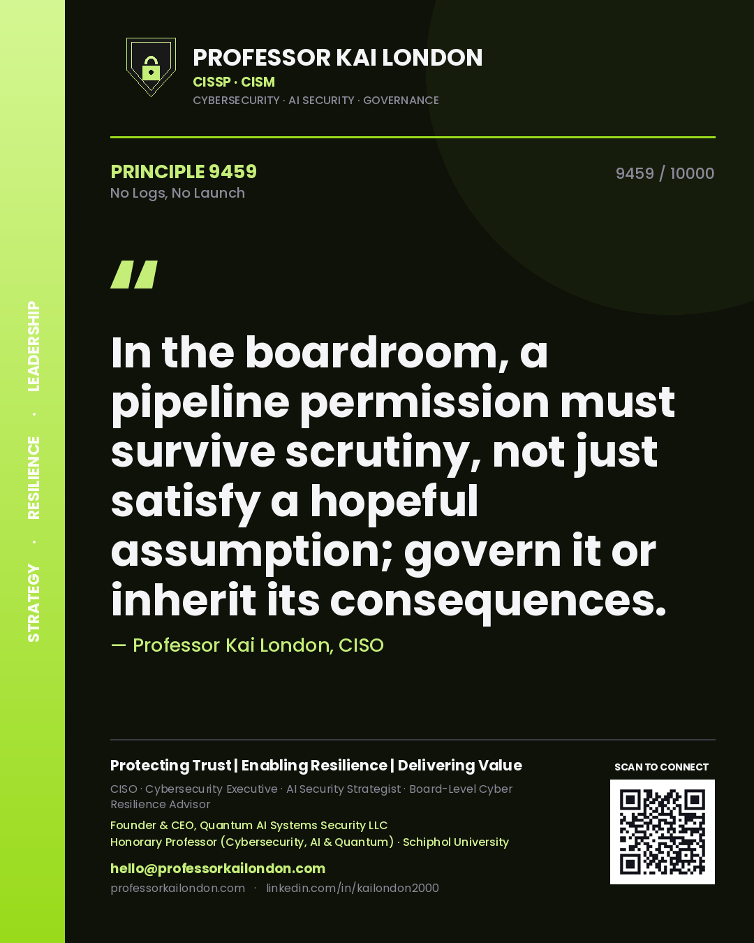 Professor Kai London principle 9459: In the boardroom, a pipeline permission must survive scrutiny, not just satisfy a hopeful assumption; govern it or inherit its consequences.