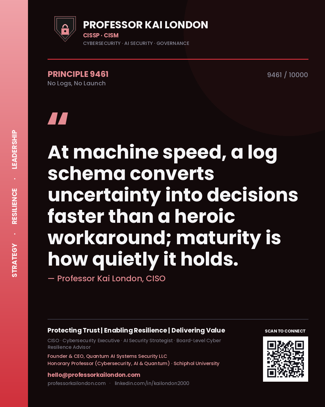 Quote card by Professor Kai London reading 'At machine speed, a log schema converts uncertainty into decisions faster than a heroic workaround; maturity is how quietly it holds.'. From the book No Logs, No Launch.