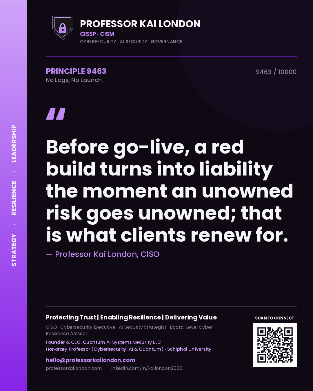 Professor Kai London principle 9463: Before go-live, a red build turns into liability the moment an unowned risk goes unowned; that is what clients renew for.