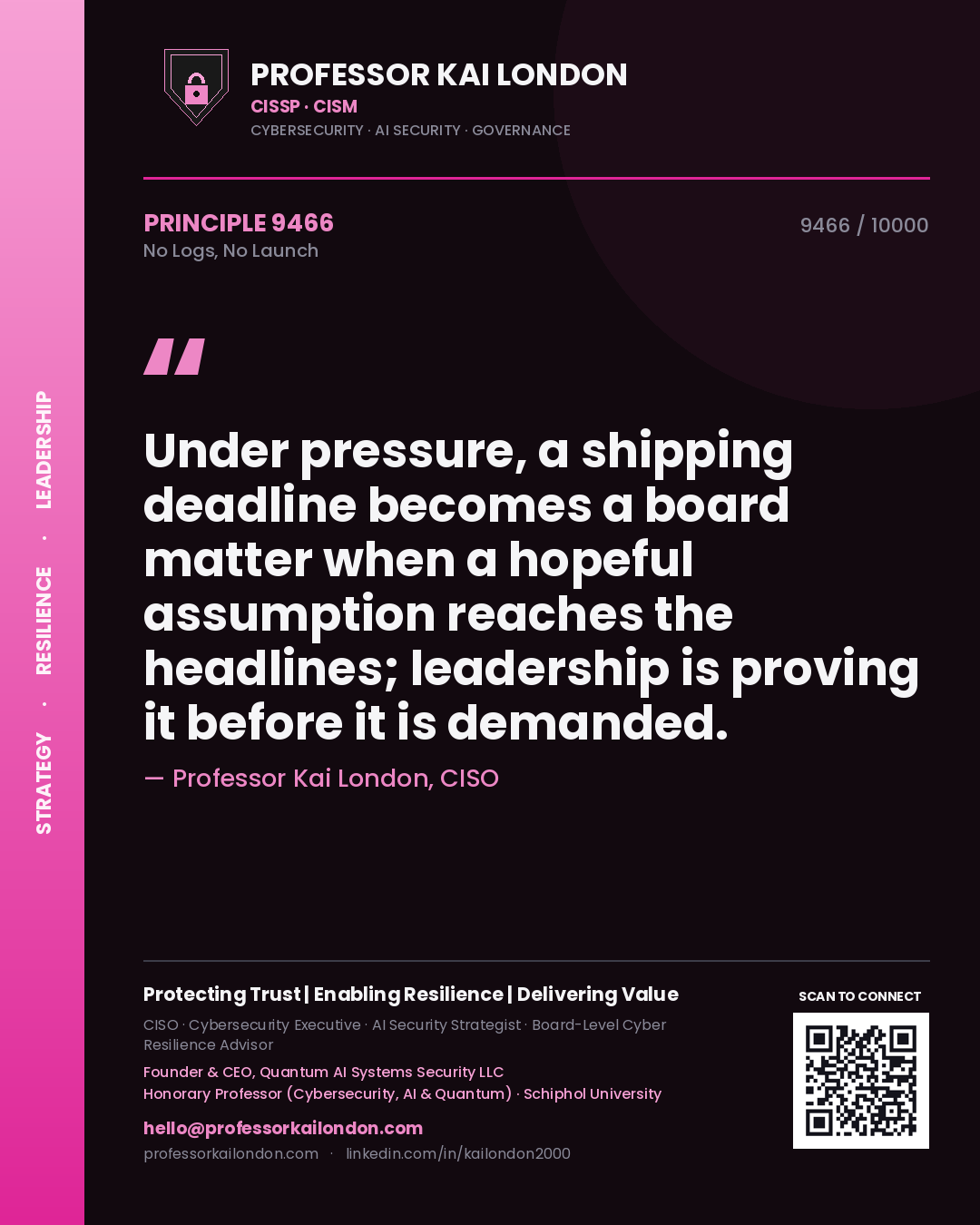 Professor Kai London principle 9466: Under pressure, a shipping deadline becomes a board matter when a hopeful assumption reaches the headlines; leadership is proving it before it is demanded.