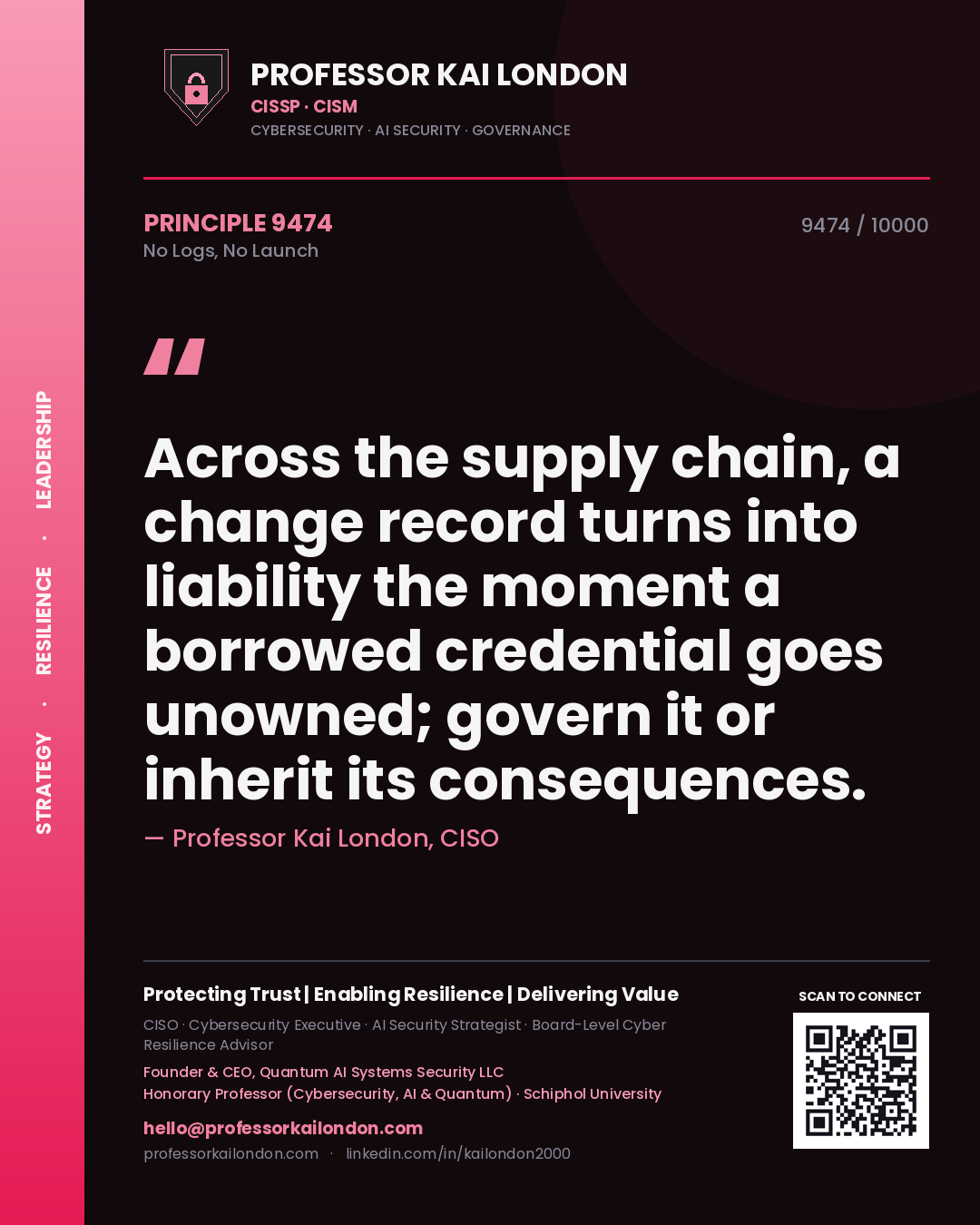 Quote card by Professor Kai London reading 'Across the supply chain, a change record turns into liability the moment a borrowed credential goes unowned; govern it or inherit its consequences.'. From the book No Logs, No Launch.