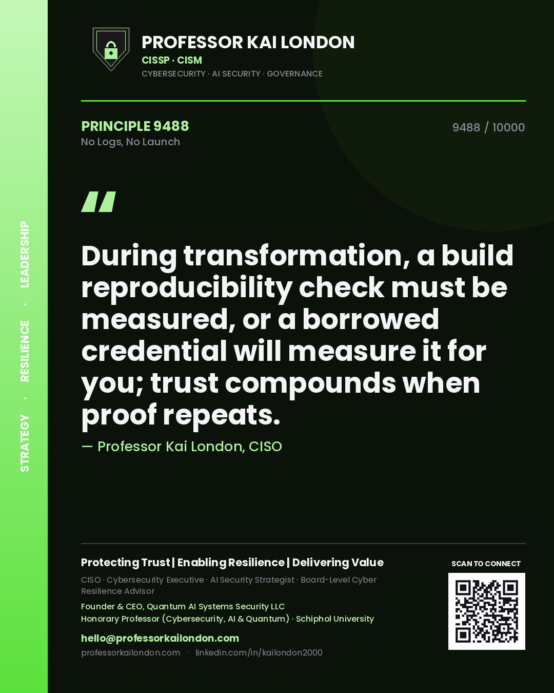 Professor Kai London principle 9488: During transformation, a build reproducibility check must be measured, or a borrowed credential will measure it for you; trust compounds when proof repeats.