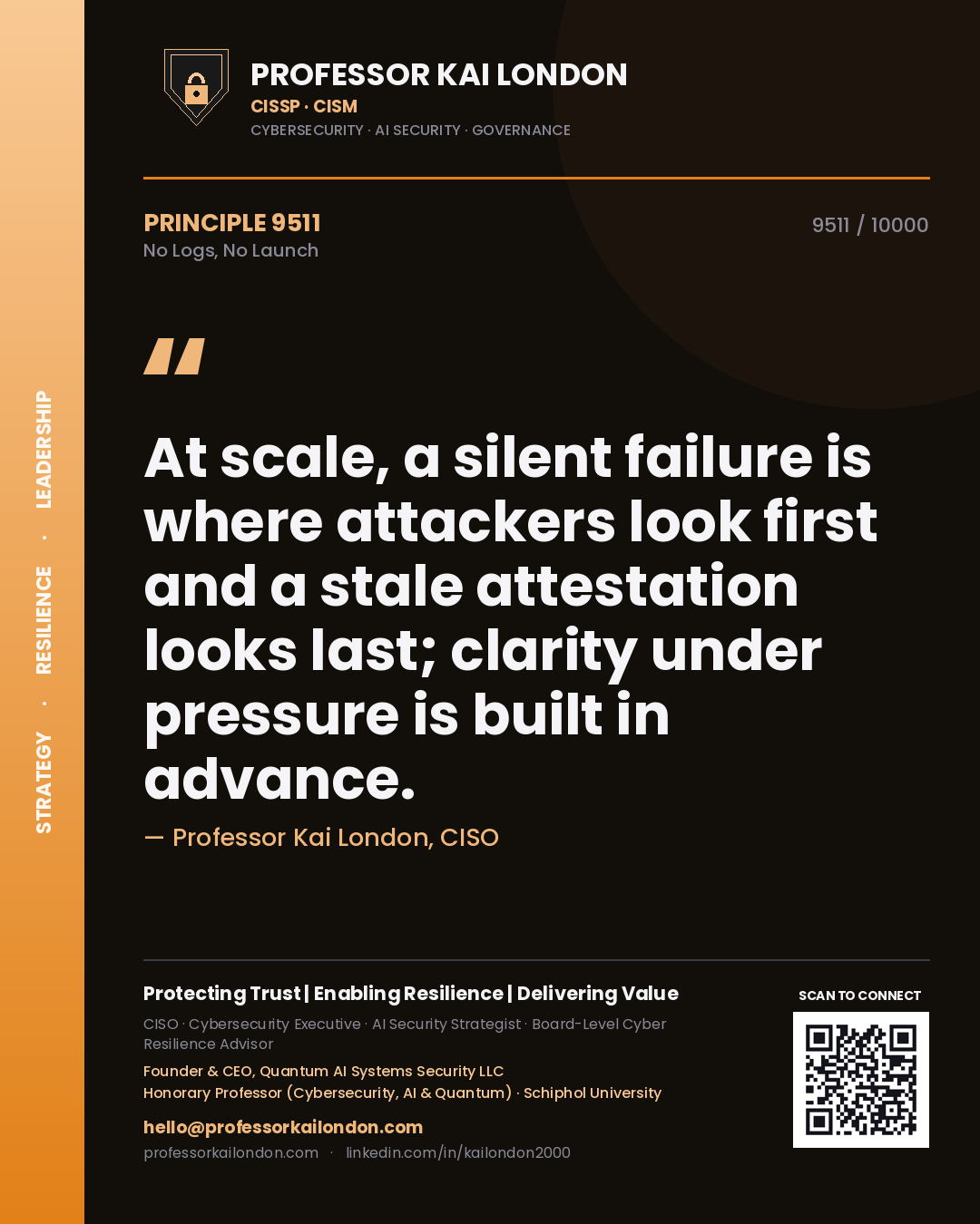 Professor Kai London principle 9511: At scale, a silent failure is where attackers look first and a stale attestation looks last; clarity under pressure is built in advance.