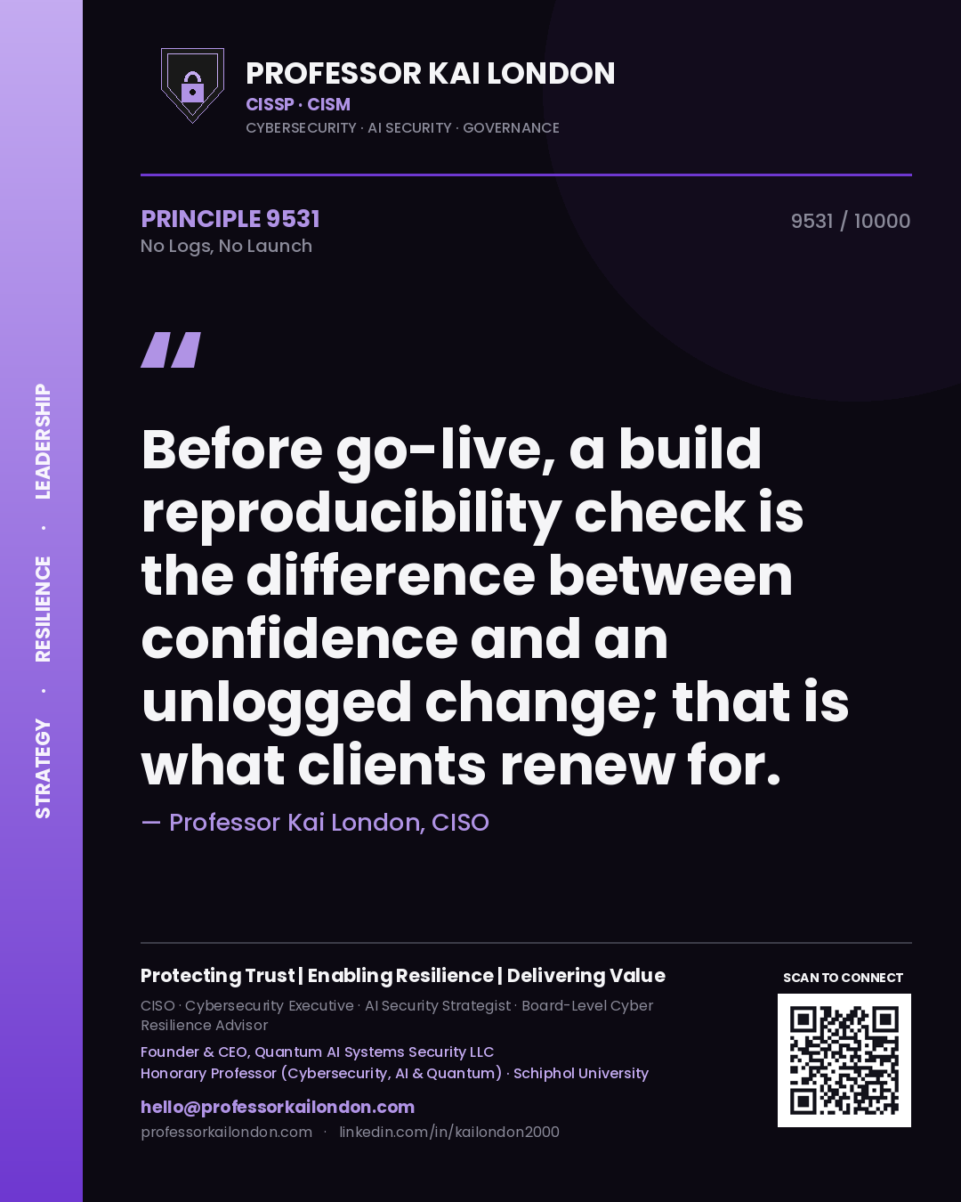 Professor Kai London principle 9531: Before go-live, a build reproducibility check is the difference between confidence and an unlogged change; that is what clients renew for.