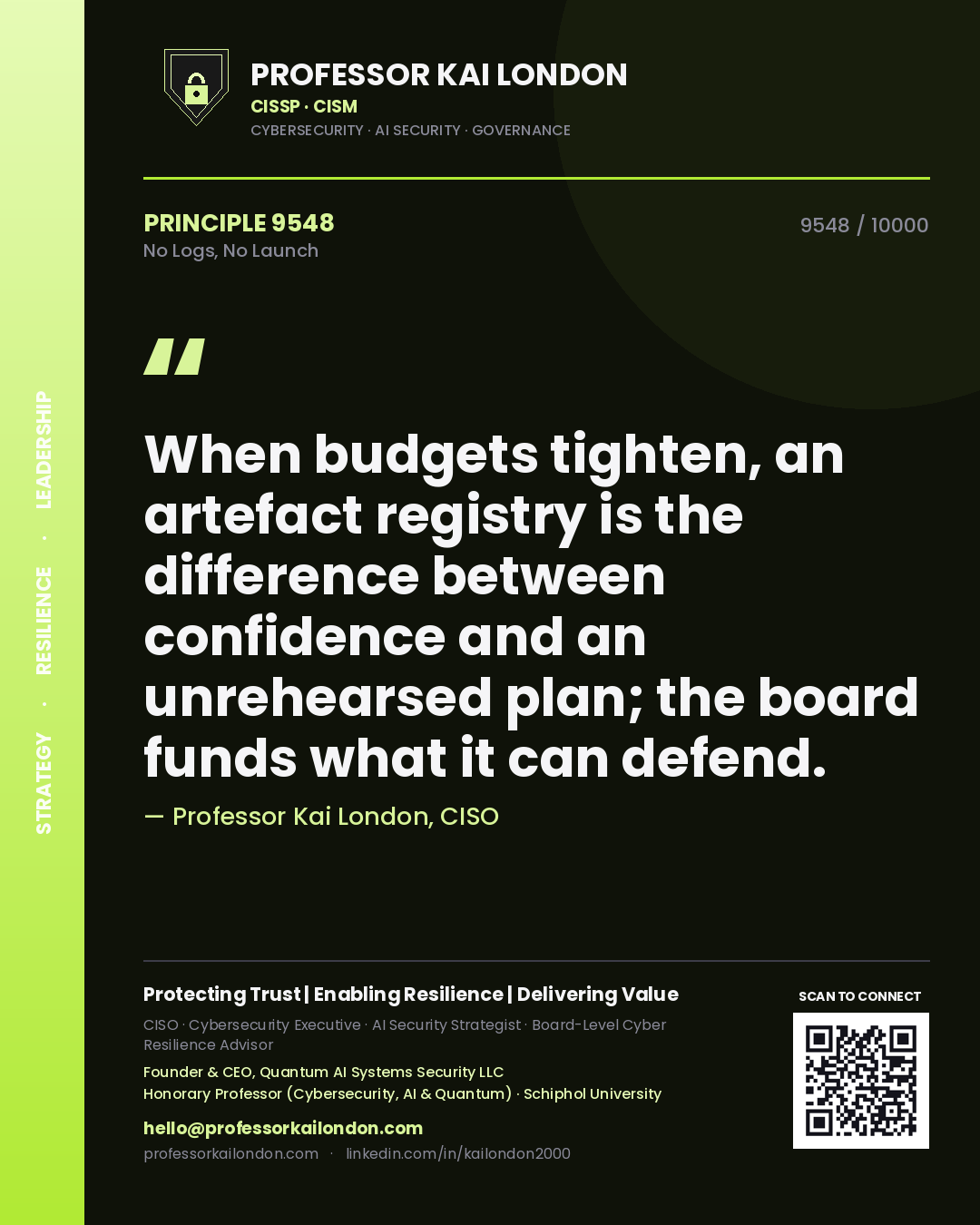Professor Kai London principle 9548: When budgets tighten, an artefact registry is the difference between confidence and an unrehearsed plan; the board funds what it can defend.