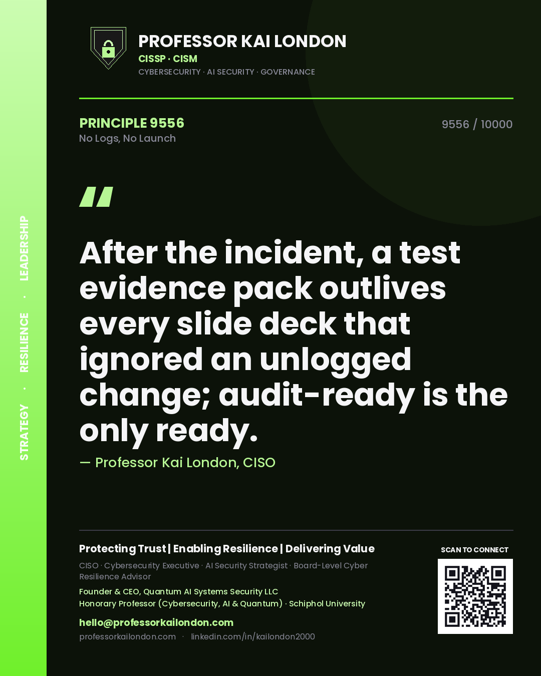 Quote card by Professor Kai London reading 'After the incident, a test evidence pack outlives every slide deck that ignored an unlogged change; audit-ready is the only ready.'. From the book No Logs, No Launch.