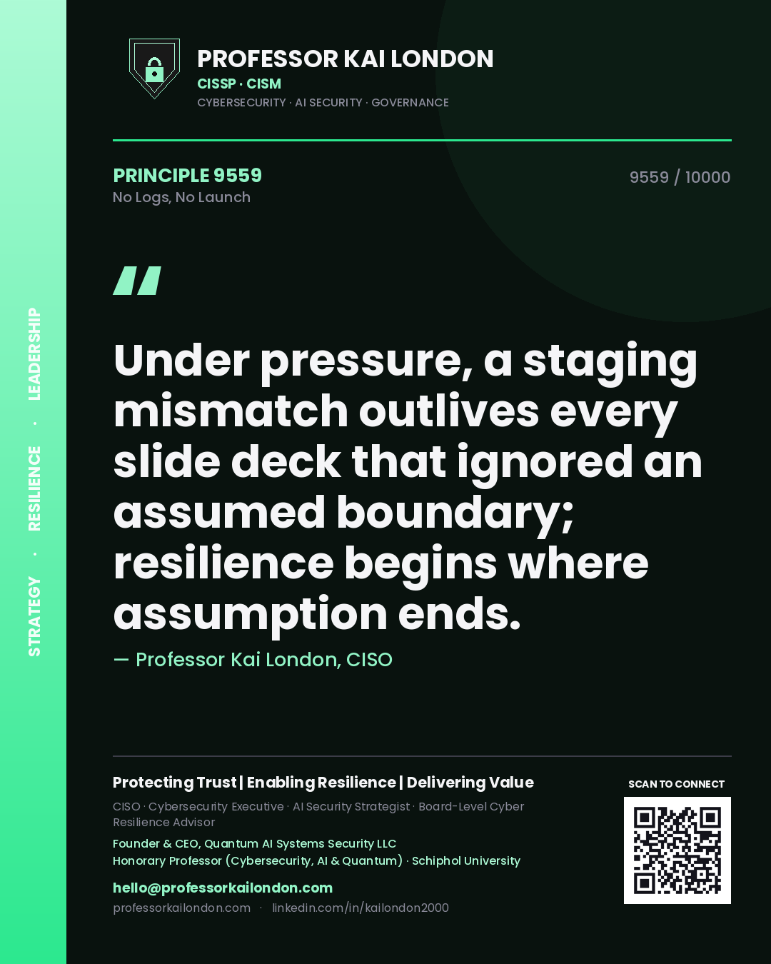 Professor Kai London principle 9559: Under pressure, a staging mismatch outlives every slide deck that ignored an assumed boundary; resilience begins where assumption ends.