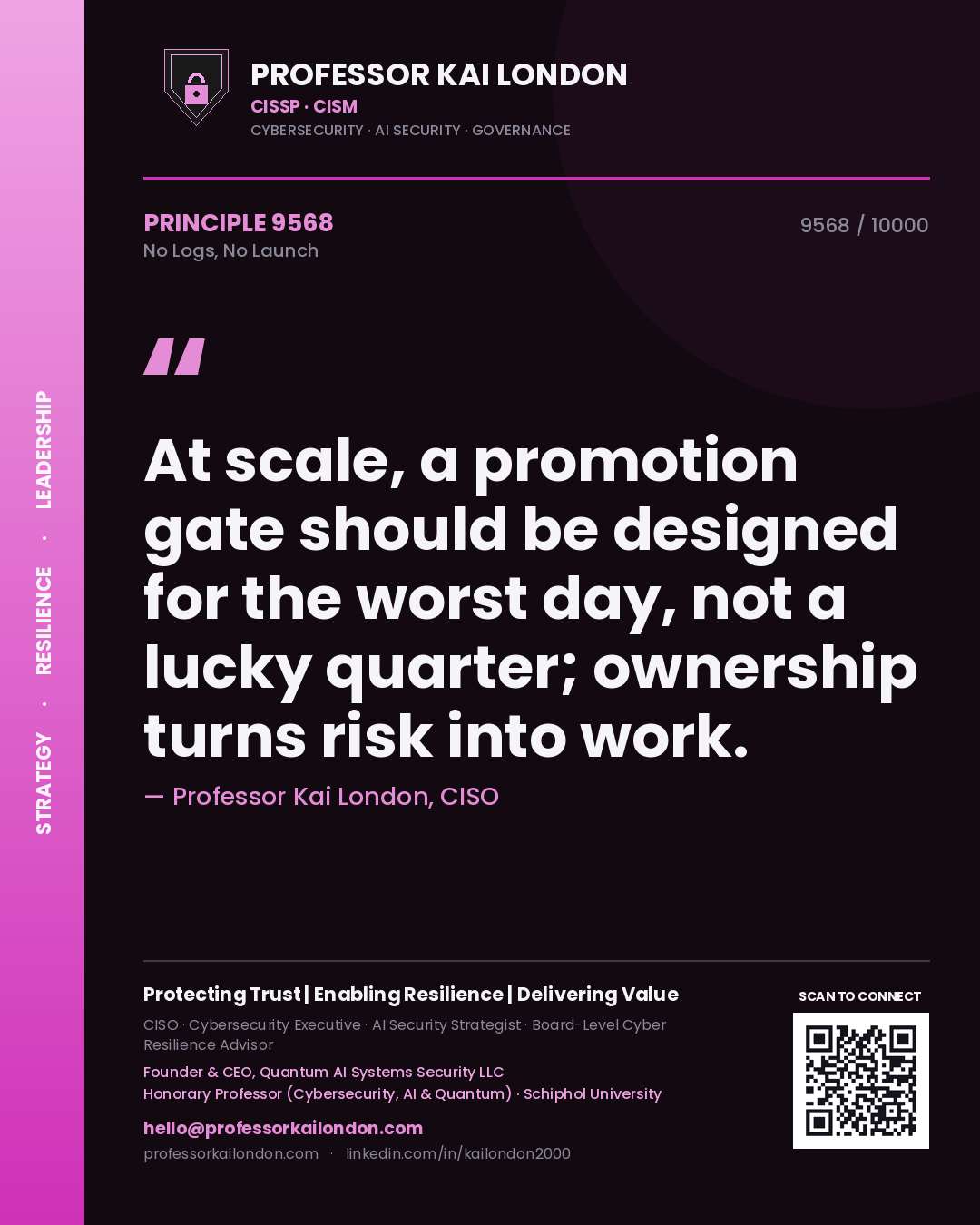 Professor Kai London principle 9568: At scale, a promotion gate should be designed for the worst day, not a lucky quarter; ownership turns risk into work.