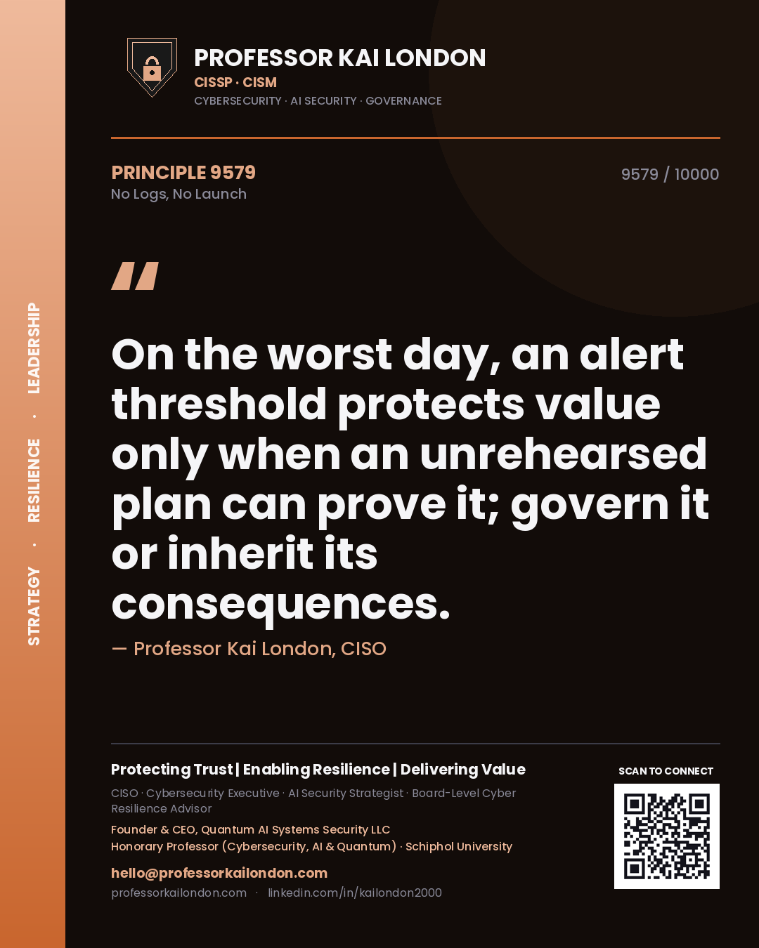 Quote card by Professor Kai London reading 'On the worst day, an alert threshold protects value only when an unrehearsed plan can prove it; govern it or inherit its consequences.'. From the book No Logs, No Launch.