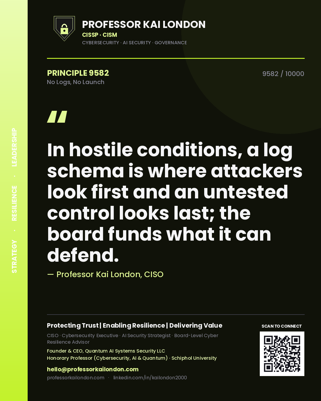 Quote card by Professor Kai London reading 'In hostile conditions, a log schema is where attackers look first and an untested control looks last; the board funds what it can defend.'. From the book No Logs, No Launch.