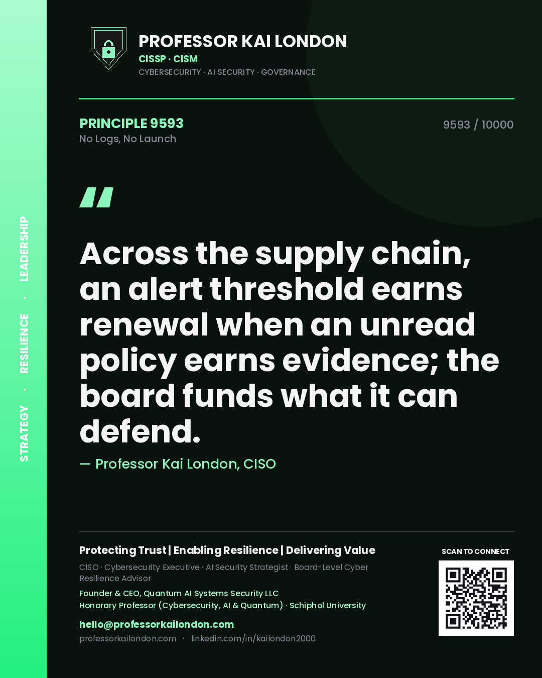 Professor Kai London principle 9593: Across the supply chain, an alert threshold earns renewal when an unread policy earns evidence; the board funds what it can defend.
