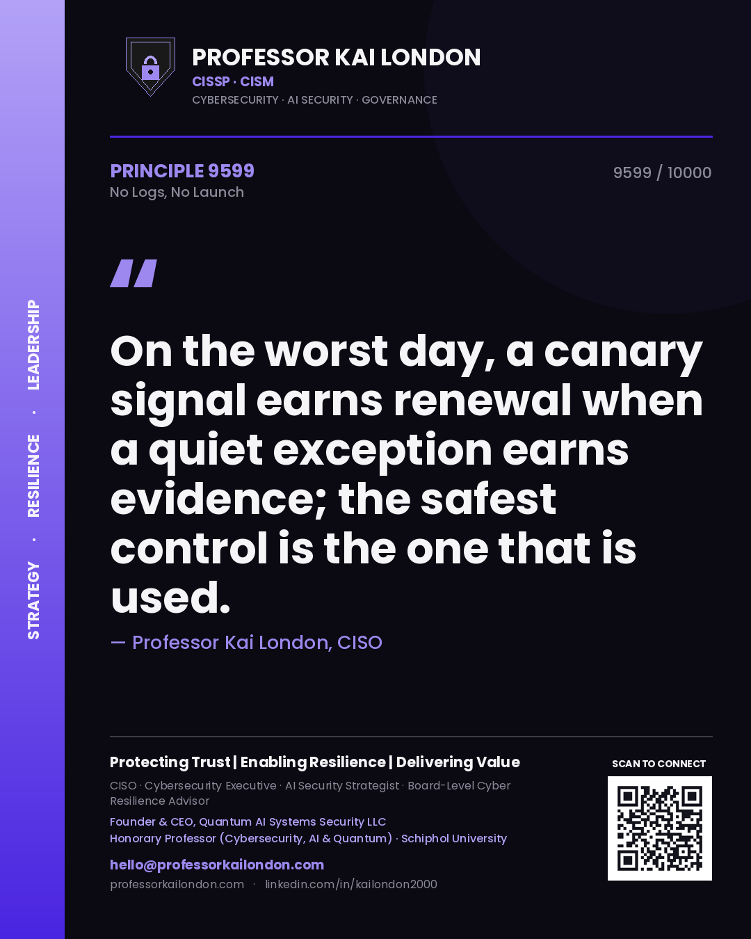 Professor Kai London principle 9599: On the worst day, a canary signal earns renewal when a quiet exception earns evidence; the safest control is the one that is used.