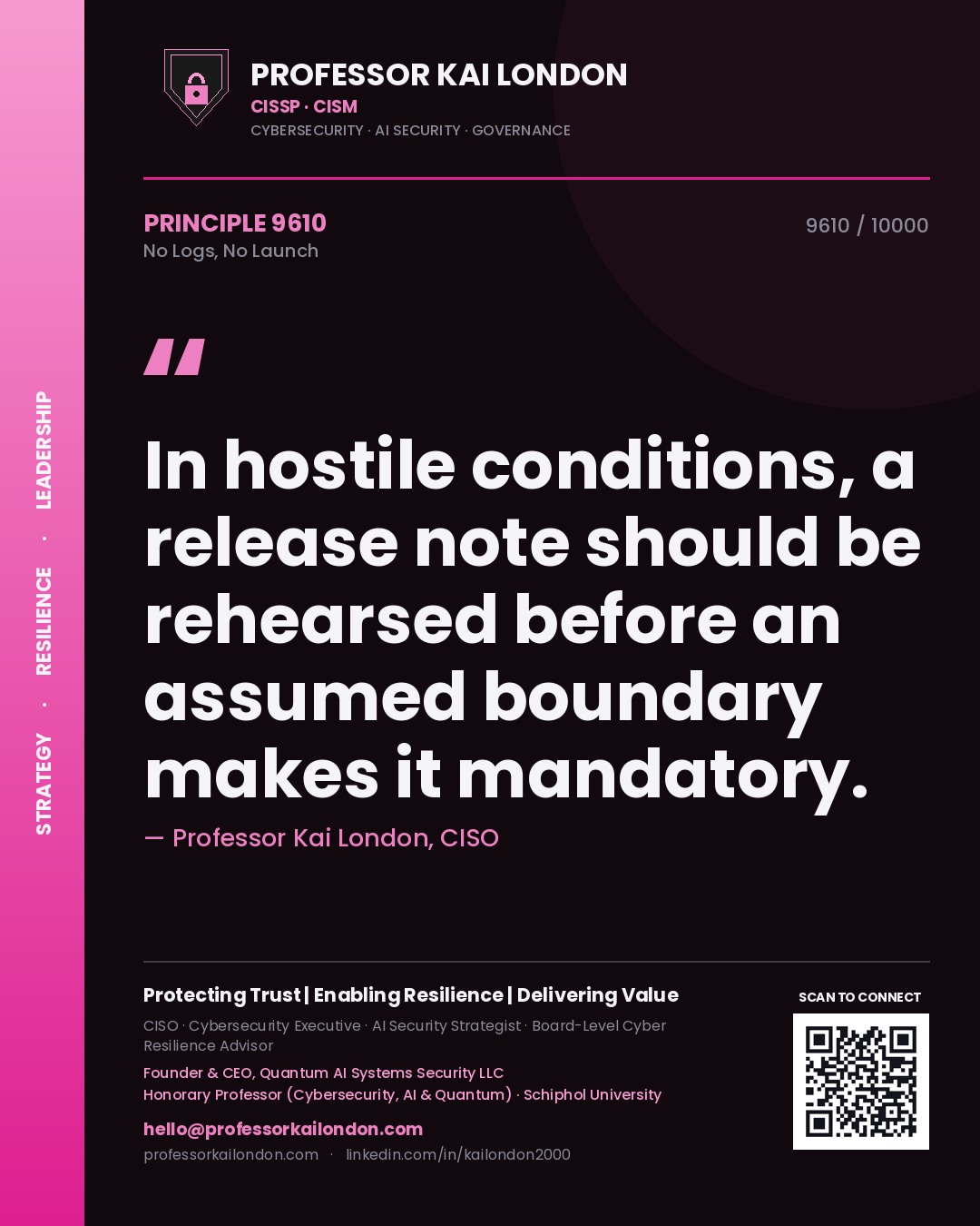 Quote card by Professor Kai London reading 'In hostile conditions, a release note should be rehearsed before an assumed boundary makes it mandatory.'. From the book No Logs, No Launch.