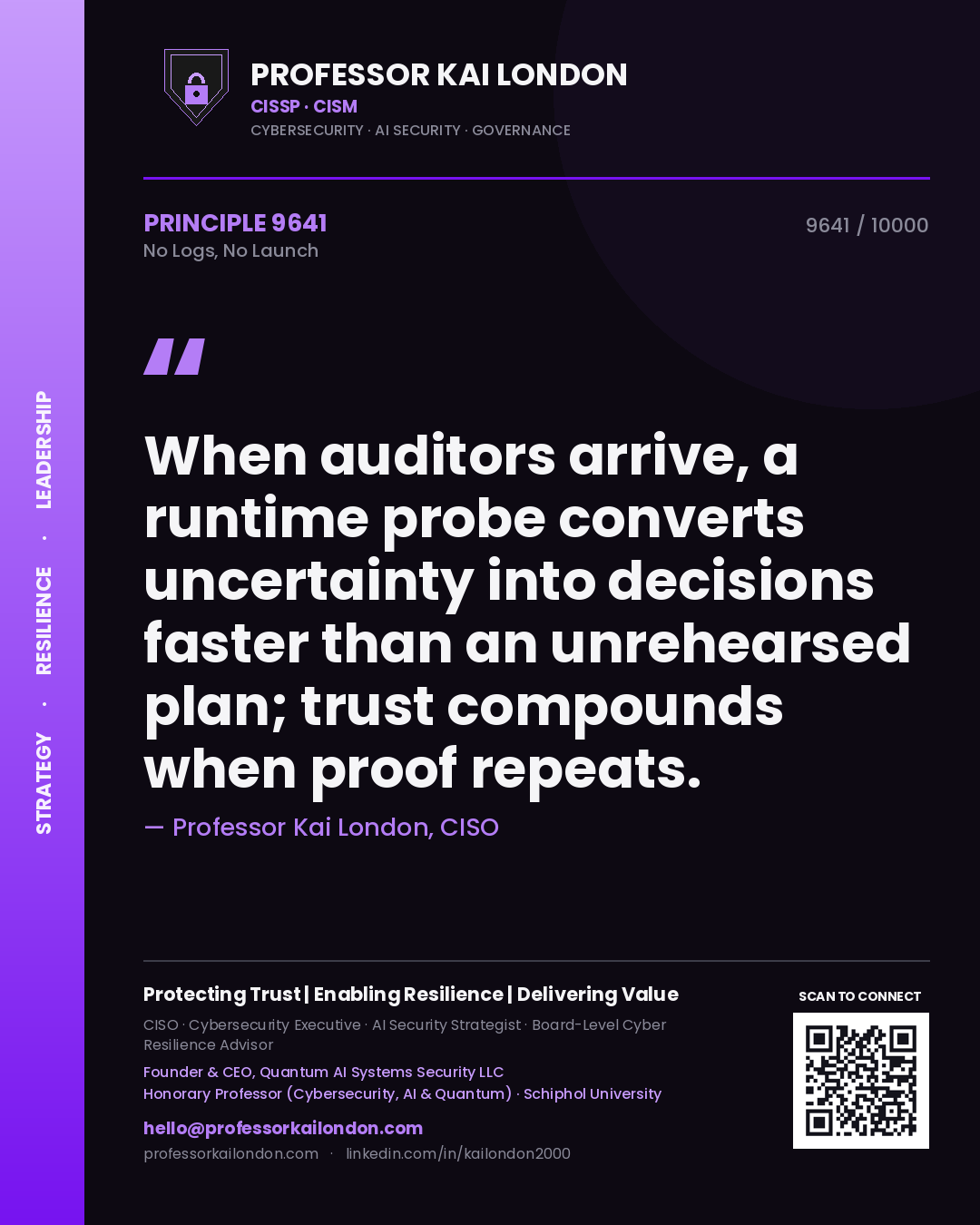 Professor Kai London principle 9641: When auditors arrive, a runtime probe converts uncertainty into decisions faster than an unrehearsed plan; trust compounds when proof repeats.