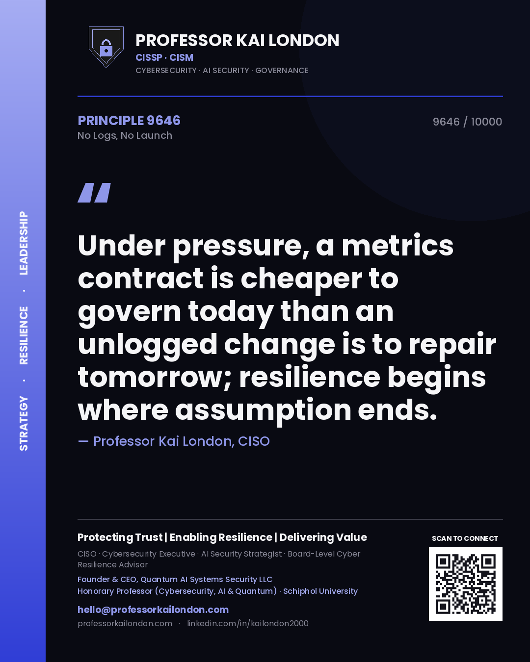 Professor Kai London principle 9646: Under pressure, a metrics contract is cheaper to govern today than an unlogged change is to repair tomorrow; resilience begins where assumption ends.